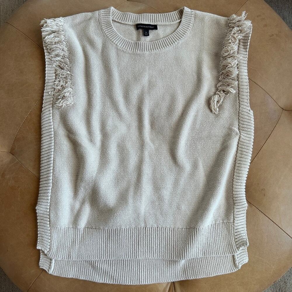 Banana Republic Cream Cotton Knit Sweater Vest Women XL Boho Fringe Boxy Layer